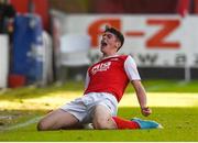 14 October 2018; Cian Kavanagh of St. Patrick's Athletic celebrates after scoring his side's fourth goal during the National Under 15 Cup Final match between St. Patrick's Athletic and Cork City at Richmond Park in Inchicore, Dublin. Photo by Tom Beary/Sportsfile