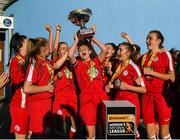 14 October 2018; Mia Dodd of Shelbourne lifts the trophy following the Continental Tyres Women's Under 17 National League Final match between Galway Women's and Shelbourne Ladies at Drom, Galway. Photo by Harry Murphy/Sportsfile