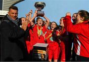 14 October 2018; Mia Dodd of Shelbourne lifts the trophy following the Continental Tyres Women's Under 17 National League Final match between Galway Women's and Shelbourne Ladies at Drom, Galway. Photo by Harry Murphy/Sportsfile