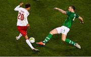 13 October 2018; Yussuf Poulsen of Denmark in action against Shane Duffy of Republic of Ireland during the UEFA Nations League B group four match between Republic of Ireland and Denmark at the Aviva Stadium in Dublin. Photo by Sam Barnes/Sportsfile