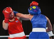 14 October 2018; Lauren Kelly, right, of Team Ireland, from Monasterevin, Kildare, in action against Anastasiia Shamonova of Russia during their women's middleweight (69-75KG) bout, preliminaries round 1, in the Youth Olympic Park on Day 8 of the Youth Olympic Games in Buenos Aires, Argentina. Photo by Eóin Noonan/Sportsfile
