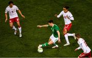 13 October 2018; Callum O'Dowda of Republic of Ireland in action against, from left, Thomas Delaney, Yussuf Poulsen, and Lasse Schöne of Denmark  during the UEFA Nations League B group four match between Republic of Ireland and Denmark at the Aviva Stadium in Dublin. Photo by Sam Barnes/Sportsfile