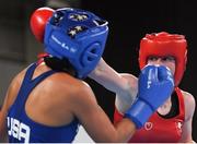 14 October 2018; Dearbhla Rooney, right, of Team Ireland, from Manorhamilton, Leitrim, in action against Roma Linda Martinez of USA during their women's feather weight, quarter final bout, in the Youth Olympic Park on Day 8 of the Youth Olympic Games in Buenos Aires, Argentina. Photo by Eóin Noonan/Sportsfile