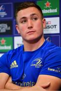 15 October 2018; Jordan Larmour during a Leinster Rugby press conference at Leinster Rugby Headquarters in Dublin. Photo by Ramsey Cardy/Sportsfile