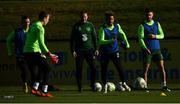 15 October 2018; Republic of Ireland players, from left, Alan Browne, Sean McDermott, assistant coach Steve Guppy, Callum Robinson and Scott Hogan during a training session at the FAI National Training Centre in Abbotstown, Dublin. Photo by Stephen McCarthy/Sportsfile