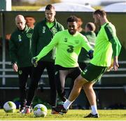 15 October 2018; Cyrus Christie, centre, during a Republic of Ireland training session at the FAI National Training Centre in Abbotstown, Dublin. Photo by Stephen McCarthy/Sportsfile