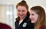 15 October 2018; Niamh Coyne of Team Ireland, from Tallaght, Dublin, meets her classmates from Sancta Maria College in Ballyroan, Dublin, on the Team Ireland swimming team return from the Youth Olympic Games in Buenos Aires at Dublin Airport in Dublin. Photo by Brendan Moran/Sportsfile