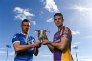 15 October 2018; Ballyboden St. Enda's hurler Simon Lambert, left, and Kilmacud Crokes hurler Rob Murphy with The New Ireland Assurance Company Perpetual Challenge Cup during a Dublin SHC / SFC Finals Media Launch at Parnell Park in Dublin. Photo by Piaras Ó Mídheach/Sportsfile