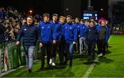 12 October 2018; The Leinster U19 team at half-time during the Heineken Champions Cup Pool 1 Round 1 match between Leinster and Wasps at the RDS Arena in Dublin. Photo by Brendan Moran/Sportsfile