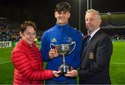 12 October 2018; Ann Sheppard and President of the Leinster Branch Lorcan Balfe present the Kevin Kelleher Cup to the Leinster U18 schools team at half-time during the Heineken Champions Cup Pool 1 Round 1 match between Leinster and Wasps at the RDS Arena in Dublin. Photo by Brendan Moran/Sportsfile