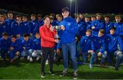 12 October 2018; Ann Sheppard presents the Kevin Kelleher Cup to the Leinster U18 schools team at half-time during the Heineken Champions Cup Pool 1 Round 1 match between Leinster and Wasps at the RDS Arena in Dublin. Photo by Brendan Moran/Sportsfile