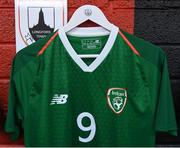 16 October 2018; A Republic of Ireland jersey hanging in the dressing room prior to the 2018/19 UEFA Under-19 European Championships Qualifying Round match between Republic of Ireland and Netherlands at City Calling Stadium, in Lissanurlan, Co. Longford. Photo by Harry Murphy/Sportsfile