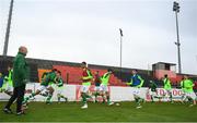 16 October 2018; Republic of Ireland players warm-up prior to the 2018/19 UEFA Under-19 European Championships Qualifying Round match between Republic of Ireland and Netherlands at City Calling Stadium, in Lissanurlan, Co. Longford. Photo by Harry Murphy/Sportsfile
