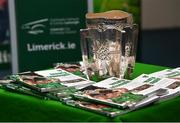 16 October 2018; The Liam MacCarthy cup during the launch of the Limerick celebration book 'Treaty Triumph', a stunning photographic memoir, with words by Damian Lawlor, that paints a vivid picture of Limerick’s magical odyssey to the hurling summit. Limerick City and County Council supports the book in aid of Limerick GAA to keep price at just €19.95. Limerick City and County Council, Merchants Quay, Limerick. Photo by Diarmuid Greene/Sportsfile