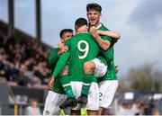 16 October 2018; Adam Idah of Republic of Ireland celebrates after scoring his side's first goal with Arron Bolger and Andrew Lyons during the 2018/19 UEFA Under-19 European Championships Qualifying Round match between Republic of Ireland and Netherlands at City Calling Stadium, in Lissanurlan, Co. Longford. Photo by Harry Murphy/Sportsfile