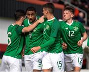 16 October 2018; Adam Idah of Republic of Ireland celebrates after scoring his side's first goal with teammates during the 2018/19 UEFA Under-19 European Championships Qualifying Round match between Republic of Ireland and Netherlands at City Calling Stadium, in Lissanurlan, Co. Longford. Photo by Harry Murphy/Sportsfile