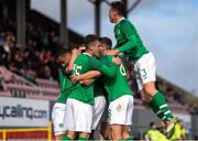 16 October 2018; Adam Idah of Republic of Ireland celebrates after scoring his side's first goal with teammates during the 2018/19 UEFA Under-19 European Championships Qualifying Round match between Republic of Ireland and Netherlands at City Calling Stadium, in Lissanurlan, Co. Longford. Photo by Harry Murphy/Sportsfile