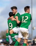 16 October 2018; Adam Idah of Republic of Ireland celebrates after scoring his side's first goal with Arron Bolger and Andrew Lyons during the 2018/19 UEFA Under-19 European Championships Qualifying Round match between Republic of Ireland and Netherlands at City Calling Stadium, in Lissanurlan, Co. Longford. Photo by Harry Murphy/Sportsfile