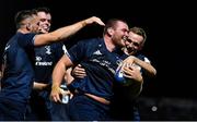 12 October 2018; Jack McGrath of Leinster celebrates after scoring his side's eighth try with team-mates Jack Conan, James Ryan and Nick McCarthy, during the Heineken Champions Cup Pool 1 Round 1 match between Leinster and Wasps at the RDS Arena in Dublin. Photo by Brendan Moran/Sportsfile