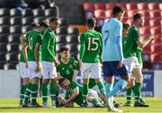 16 October 2018; William Ferry of Republic of Ireland, on the floor, celebrates after scoring his side's second goal with teammates during the 2018/19 UEFA Under-19 European Championships Qualifying Round match between Republic of Ireland and Netherlands at City Calling Stadium, in Lissanurlan, Co. Longford. Photo by Harry Murphy/Sportsfile