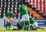 16 October 2018; William Ferry of Republic of Ireland, hidden, celebrates after scoring his side's second goal with teammates during the 2018/19 UEFA Under-19 European Championships Qualifying Round match between Republic of Ireland and Netherlands at City Calling Stadium, in Lissanurlan, Co. Longford. Photo by Harry Murphy/Sportsfile