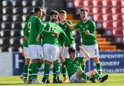16 October 2018; William Ferry of Republic of Ireland, on the floor, celebrates after scoring his side's second goal with teammates during the 2018/19 UEFA Under-19 European Championships Qualifying Round match between Republic of Ireland and Netherlands at City Calling Stadium, in Lissanurlan, Co. Longford. Photo by Harry Murphy/Sportsfile