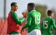 16 October 2018; Adam Idah, left, and Jonathan Afolabi of Republic of Ireland following the 2018/19 UEFA Under-19 European Championships Qualifying Round match between Republic of Ireland and Netherlands at City Calling Stadium, in Lissanurlan, Co. Longford. Photo by Harry Murphy/Sportsfile