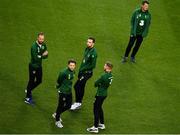 16 October 2018; Republic of Ireland players, from left, David Meyler, Harry Arter, Shane Duffy and James McClean with Republic of Ireland assistant manager Roy Keane ahead of the UEFA Nations League B group four match between Republic of Ireland and Wales at the Aviva Stadium in Dublin. Photo by Ramsey Cardy/Sportsfile