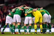 16 October 2018; The Republic of Ireland team huddle prior to the UEFA Nations League B group four match between Republic of Ireland and Wales at the Aviva Stadium in Dublin. Photo by Brendan Moran/Sportsfile