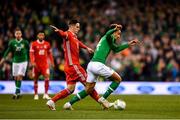 16 October 2018; Callum Robinson of Republic of Ireland in action against Tom Lawrence of Wales during the UEFA Nations League B group four match between Republic of Ireland and Wales at the Aviva Stadium in Dublin. Photo by Seb Daly/Sportsfile