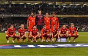 16 October 2018; The Wales team, back row, from left to right, Ashley Williams, Wayne Hennessey, James Chester and Tyler Roberts. Front row, from left to right, Harry Wilson, Matthew Smith, Joe Allen, Tom Lawrence, Connor Roberts, Ben Davies and Tyler Roberts prior to the UEFA Nations League B group four match between Republic of Ireland and Wales at the Aviva Stadium in Dublin. Photo by Seb Daly/Sportsfile