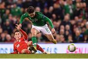 16 October 2018; Sean Maguire of Republic of Ireland in action against Harry Wilson of Wales during the UEFA Nations League B group four match between Republic of Ireland and Wales at the Aviva Stadium in Dublin. Photo by Stephen McCarthy/Sportsfile