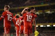 16 October 2018; Harry Wilson, left, of Wales celebrates with team-mate Tom Lawrence after scoring his side's first goal during the UEFA Nations League B group four match between Republic of Ireland and Wales at the Aviva Stadium in Dublin. Photo by Harry Murphy/Sportsfile