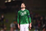 16 October 2018; Richard Keogh of Republic of Ireland reacts following his side's defeat during the UEFA Nations League B group four match between Republic of Ireland and Wales at the Aviva Stadium in Dublin. Photo by Stephen McCarthy/Sportsfile