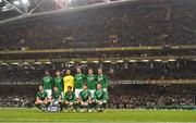 16 October 2018; The Republic of Ireland team, back row, from left to right, Cyrus Christie, Matt Doherty, Darren Randolph, Shane Duffy, Kevin Long and Richard Keogh. Front row, from left to right, Harry Arter, James McClean, Callum Robinson, Jeff Hendrick and Aiden O'Brien prior to the UEFA Nations League B group four match between Republic of Ireland and Wales at the Aviva Stadium in Dublin.  Photo by Brendan Moran/Sportsfile