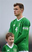16 October 2018; Lee O'Connor of Republic of Ireland  and mascot Donnacha Nolan during the 2018/19 UEFA Under-19 European Championships Qualifying Round match between Republic of Ireland and Netherlands at City Calling Stadium, in Lissanurlan, Co. Longford. Photo by Harry Murphy/Sportsfile