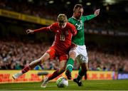 16 October 2018; David Brooks of Wales in action against Richard Keogh of Republic of Ireland during the UEFA Nations League B group four match between Republic of Ireland and Wales at the Aviva Stadium in Dublin. Photo by Harry Murphy/Sportsfile