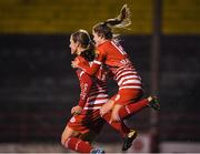 17 October 2018; Malinda Allen of Shelbourne celebrates after scoring her side's first goal with teammate Jamie Finn during the Continental Tyres FAI Women's Cup Semi-Final match between Shelbourne and Peamount United at Tolka Park, Dublin. Photo by Harry Murphy/Sportsfile