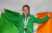 17 October 2018; Dearbhla Rooney of Team Ireland, from Manorhamilton, Leitrim, with her bronze medal after beating Te Mania Rzeka Tai Shelford-Edmonds of New Zealand during the women's featherweight bronze medal bout on Day 11 of the Youth Olympic Games in Buenos Aires, Argentina. Photo by Eóin Noonan/Sportsfile