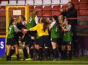 17 October 2018; Peamount United players celebrate with Peamount United manager James O'Callaghan following the Continental Tyres FAI Women's Cup Semi-Final match between Shelbourne and Peamount United at Tolka Park, Dublin. Photo by Harry Murphy/Sportsfile