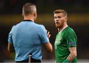 16 October 2018; James McClean of Republic of Ireland with referee Björn Kuipers during the UEFA Nations League B group four match between Republic of Ireland and Wales at the Aviva Stadium in Dublin. Photo by Stephen McCarthy/Sportsfile