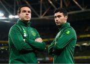 16 October 2018; Republic of Ireland physiotherapist Padraig Doherty, left, and STATSports Analyst Jason Black during the UEFA Nations League B group four match between Republic of Ireland and Wales at the Aviva Stadium in Dublin. Photo by Stephen McCarthy/Sportsfile
