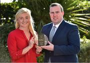 18 October 2018; Carla Rowe of Dublin is presented with The Croke Park and LGFA Player of the Month award for September, by Sean Reid, Deputy General Manager, The Croke Park, at The Croke Park in Jones Road, Dublin. Carla was Player of the Match for Dublin in the 2018 TG4 All-Ireland Senior Final, in front of a record 50,141 attendance at Croke Park. The Clann Mhuire player scored two goals in the victory over Cork, as the Sky Blues retained the Brendan Martin Cup. Photo by Matt Browne/Sportsfile