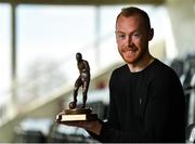 18 October 2018; Chris Shields of Dundalk with his SSE Airtricity/SWAI Player of the Month award for September, at Oriel Park in Dundalk, Co Louth. Photo by Seb Daly/Sportsfile