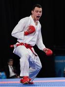 18 October 2018; Sean McCarthy-Crean of Team Ireland, from Cloghroe, Cork, celebrates after winning a point against Keisei Sakayami of Japan during the men's Kumite, +65KG, elimination round, in the Youth Olympic Park on Day 12 of the Youth Olympic Games in Buenos Aires, Argentina. Photo by Eóin Noonan/Sportsfile