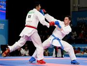 18 October 2018; Sean McCarthy-Crean, right, of Team Ireland, from Cloghroe, Cork, in action against Navid Mohammadi of the Islamic Republic of Iran during the men's Kumite, +65KG, elimination round, in the Youth Olympic Park on Day 12 of the Youth Olympic Games in Buenos Aires, Argentina. Photo by Eóin Noonan/Sportsfile