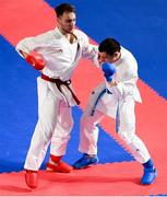 18 October 2018; Sean McCarthy-Crean, right, of Team Ireland, from Cloghroe, Cork, in action against Tomas Kosa of Slovakia during the men's Kumite, +65KG, elimination round, in the Youth Olympic Park on Day 12 of the Youth Olympic Games in Buenos Aires, Argentina. Photo by Eóin Noonan/Sportsfile