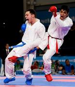 18 October 2018; Sean McCarthy-Crean, left, of Team Ireland, from Cloghroe, Cork, in action against Navid Mohammadi of the Islamic Republic of Iran during the men's Kumite, +65KG, elimination round, in the Youth Olympic Park on Day 12 of the Youth Olympic Games in Buenos Aires, Argentina. Photo by Eóin Noonan/Sportsfile