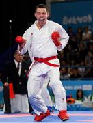 18 October 2018; Sean McCarthy-Crean of Team Ireland, from Cloghroe, Cork, celebrates after winning a point against Nabil Ech-Chaabi of Morocco during the men's Kumite, +65KG, semi-final round, in the Youth Olympic Park on Day 12 of the Youth Olympic Games in Buenos Aires, Argentina. Photo by Eóin Noonan/Sportsfile