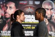 18 October 2018; Katie Taylor, left, and Cindy Serrano square off following a press conference at Fenway Park ahead of their WBA & IBF World Lightweight title bout on Saturday night at the TD Garden in Boston, Massachusetts, USA. Photo by Stephen McCarthy/Sportsfile